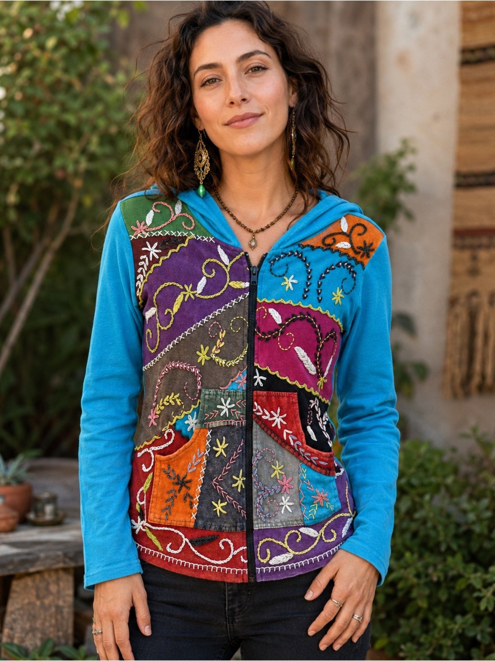 Rising Tide Boho Patchwork Embroidered Zip-Up Hoodie Jacket Size Small